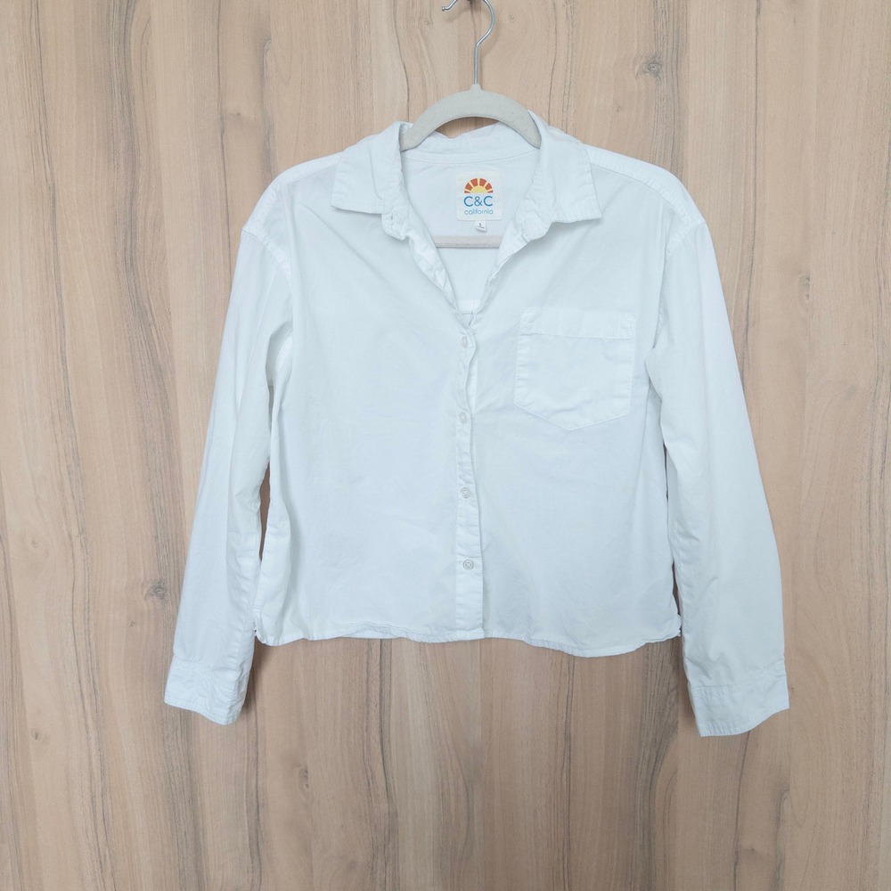 C&C California Button Down Cropped Boxy Shirt S White Long Sleeve Preppy Coastl
